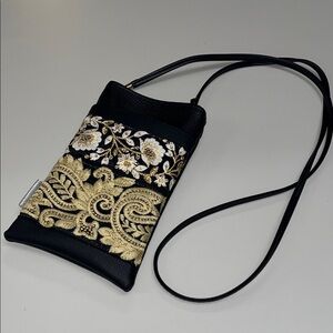 Source Unknown Black Crossbody Bag with Gold and White Floral Embroidery